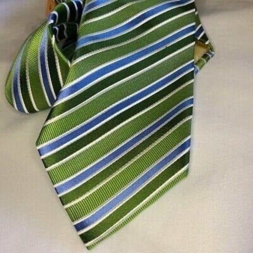 Countess Mara Mens Tie Green Blue Striped Pattern 100% Silk Handmade Necktie